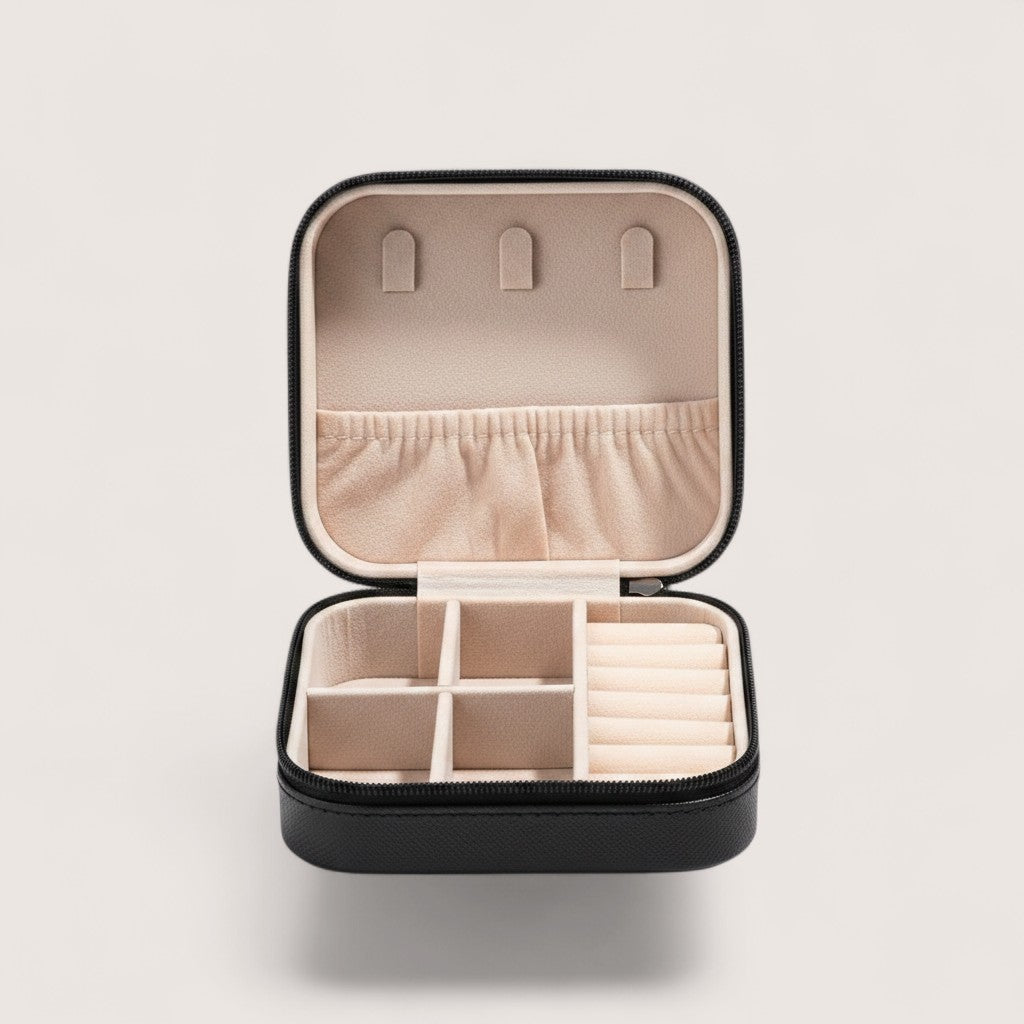 Magillas portable black travel jewelry case with champagne plush interior, necklace hooks, and ring storage compartments.