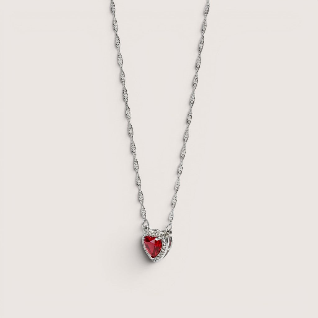 Collar Magillas de acero inoxidable y zamak con colgante de corazón rojo y circonitas