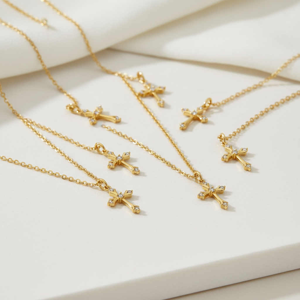 Collar Magillas con colgante de cruz en tono dorado con pequeñas piedras brillantes sobre fondo blanco