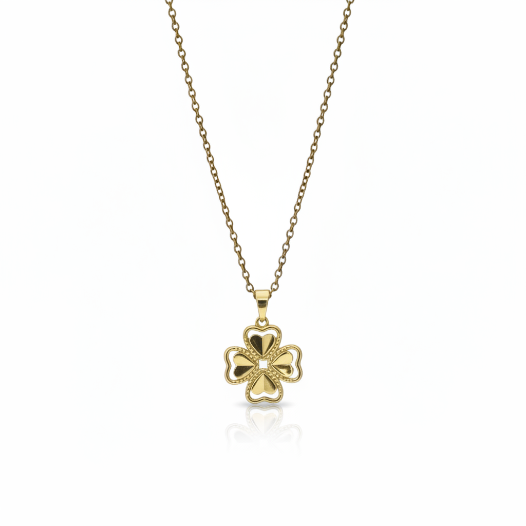 Collar Magillas con colgante de trébol de cuatro hojas en tono dorado brillante y cadena de eslabones finos
