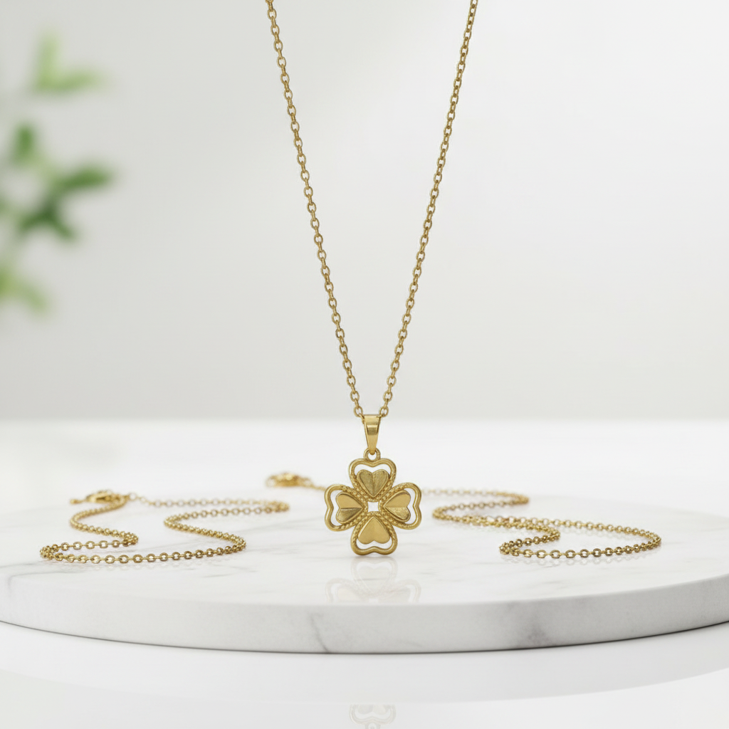 Collar Magillas con colgante de trébol de cuatro hojas en tono dorado sobre una base de mármol blanco