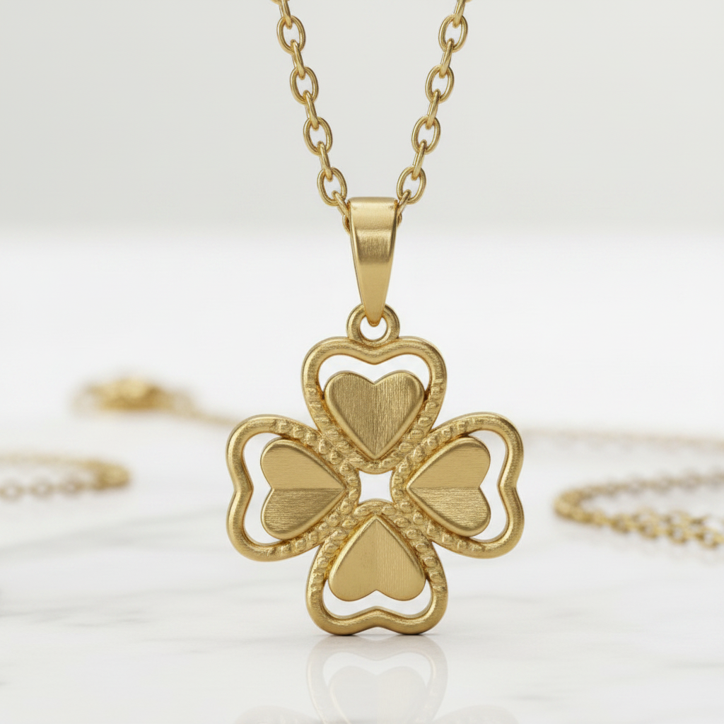 Collar Magillas con colgante de trébol de cuatro hojas en tono dorado brillante sobre fondo de mármol blanco