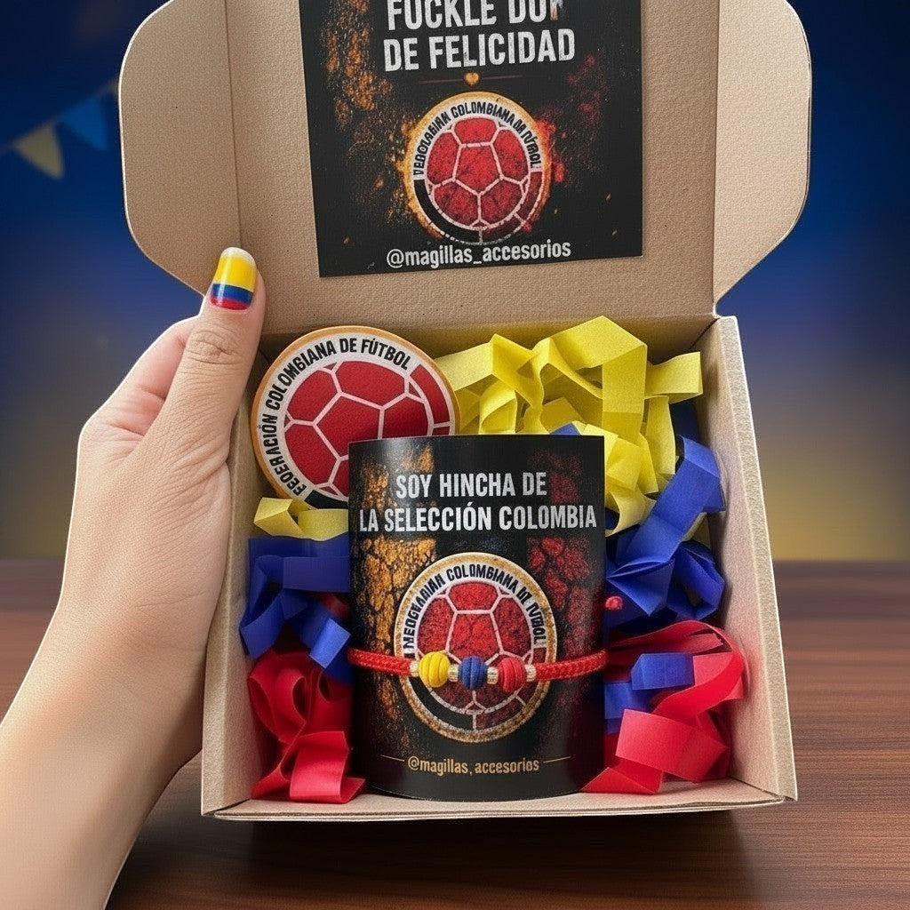 MagillasHere Colombian Football Fan Gift Box Set with bracelet and sticker featuring the Colombian flag colors and soccer ball emblem.