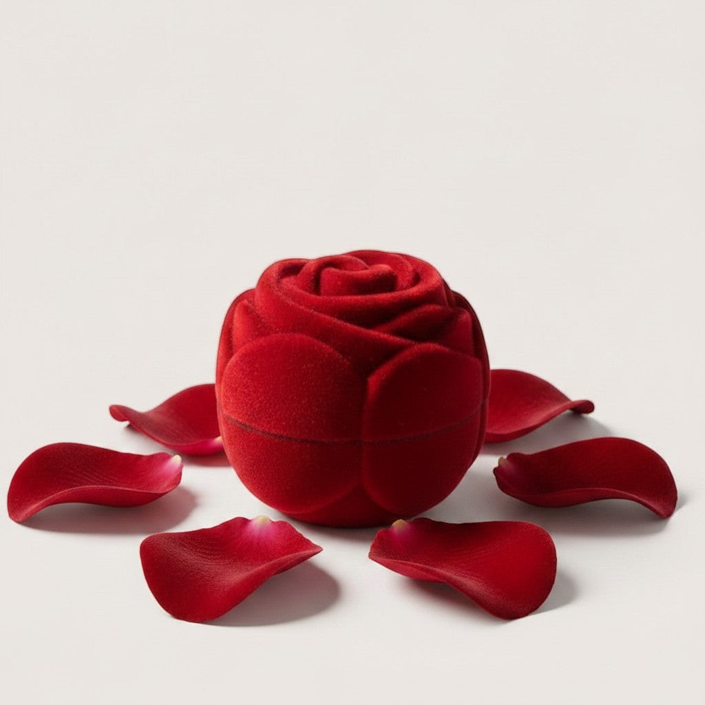 Estuche de terciopelo rojo con forma de rosa de Magillas, ideal para anillos o joyas.