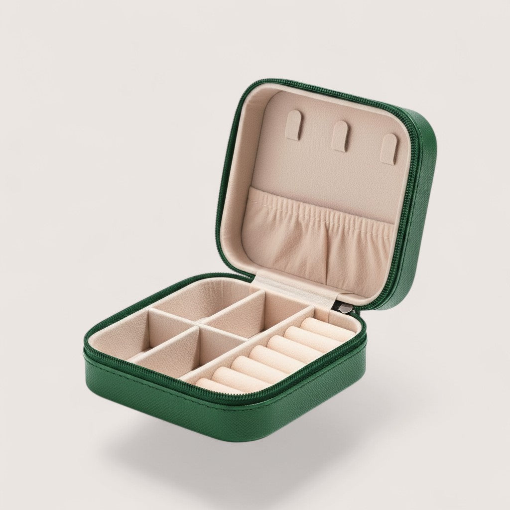 Magillas portable travel jewelry case in forest green with a champagne velvet interior, featuring ring and earring slots