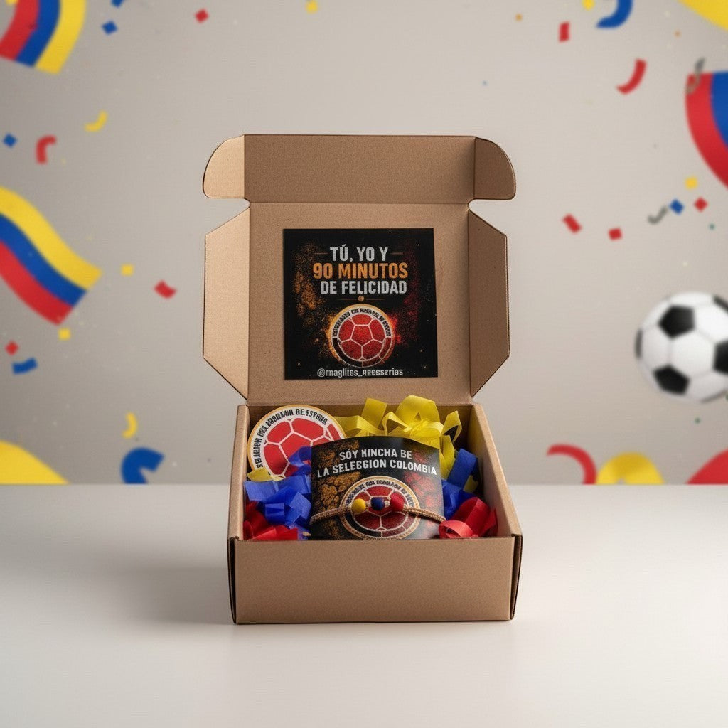 MagillasHere Colombian Football Fan Gift Box Set with bracelet and sticker in patriotic colors. Includes box.