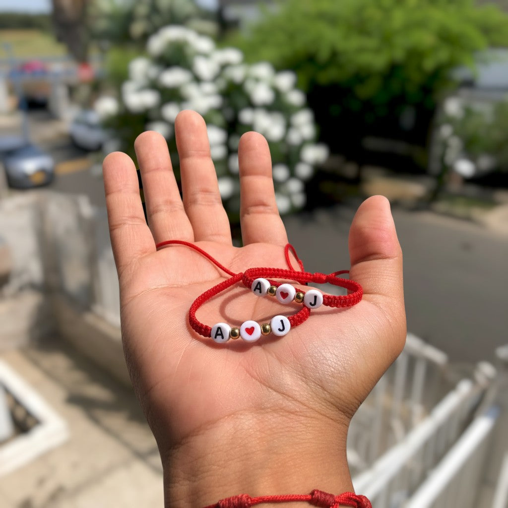Magillas pulsera roja de conexión con iniciales A y J y corazón, personalizable.