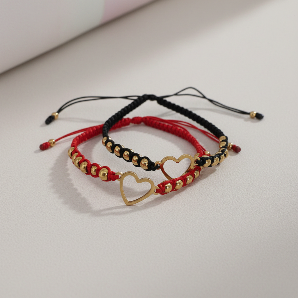 Pulseras Magillas de hilo rojo y negro con cuentas doradas y dije de corazón metálico en estilo minimalista