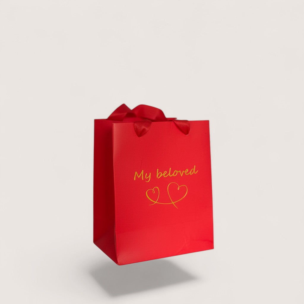 Magillas red gift bag with My Beloved gold text and heart illustrations for romantic occasions
